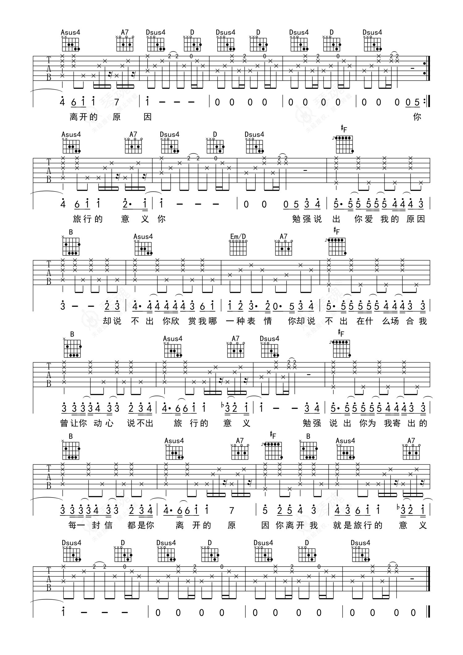 《旅行的意义》完整版指弹六线谱 - 吉他谱 选用D调指法编配 - 中级谱子 - 六线谱(独奏/指弹谱) - 易谱库