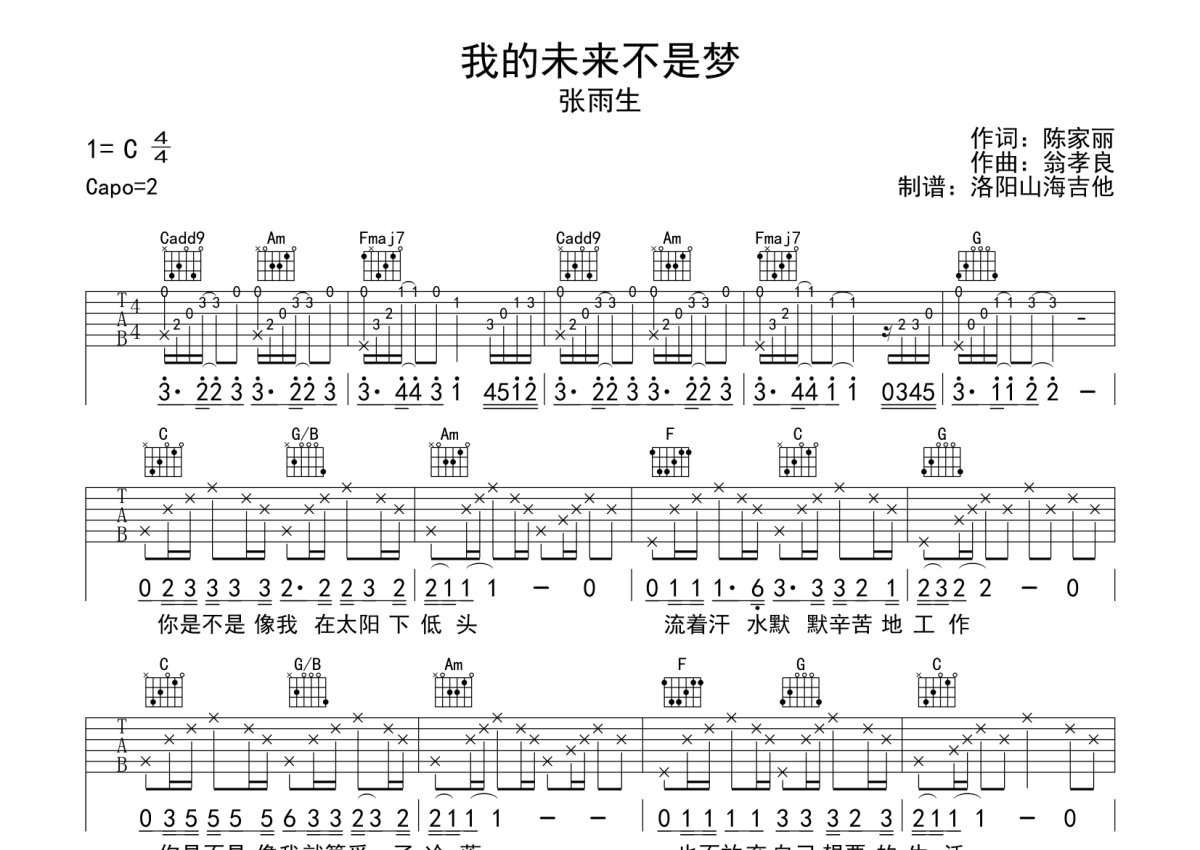 我的未来不是梦吉他谱 张雨生 进阶D大调民谣 弹唱谱-吉他谱中国