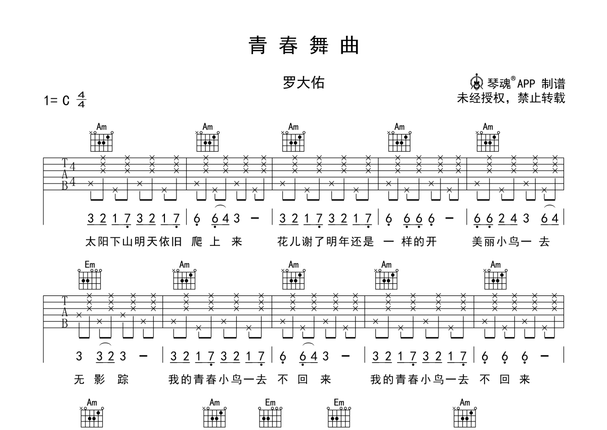 青春舞曲（C调指弹初级入门练习曲） - 王洛宾 - 吉他谱(阿涛编配) - 嗨吉他