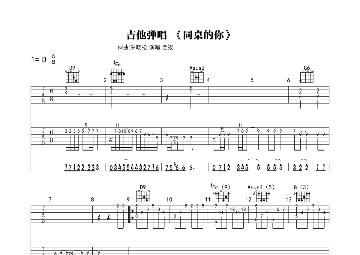 同桌的你吉他谱/六线谱（悠音吉他编配版）_器乐乐谱_中国曲谱网