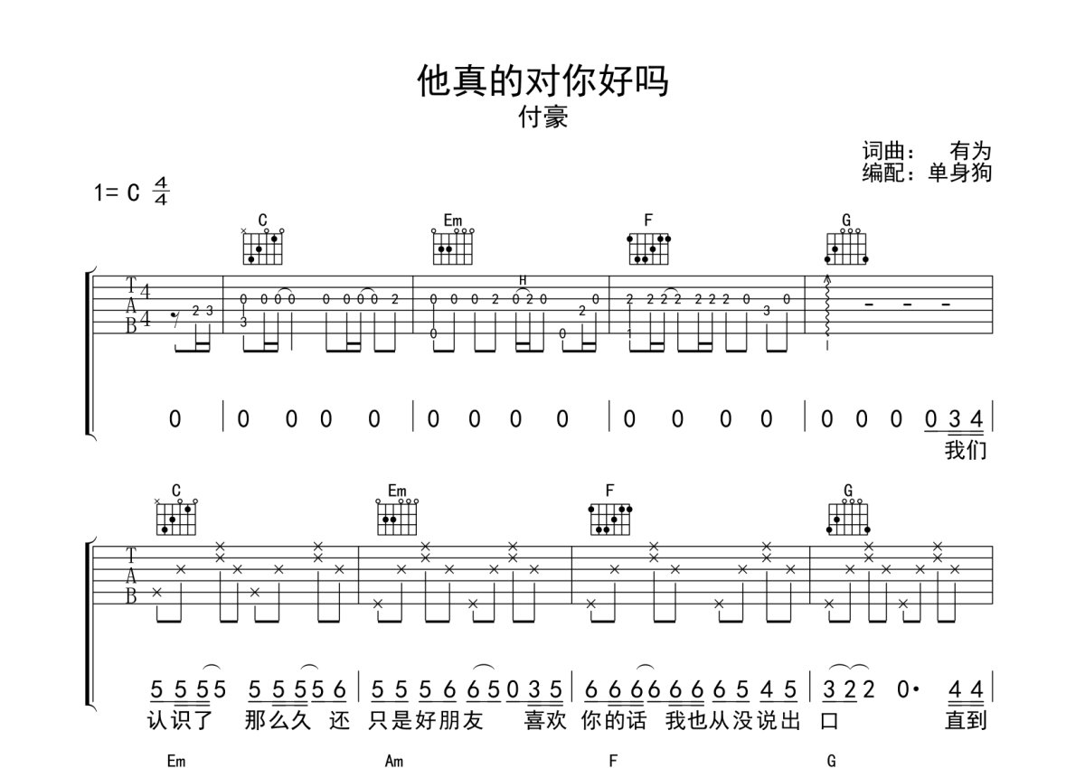二十二吉他谱_陶喆_C调指法原版编配_吉他弹唱六线谱 - 酷琴谱