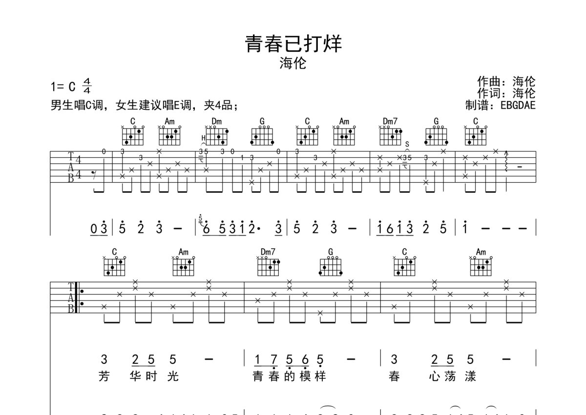 海伦《青春已打烊》吉他谱 