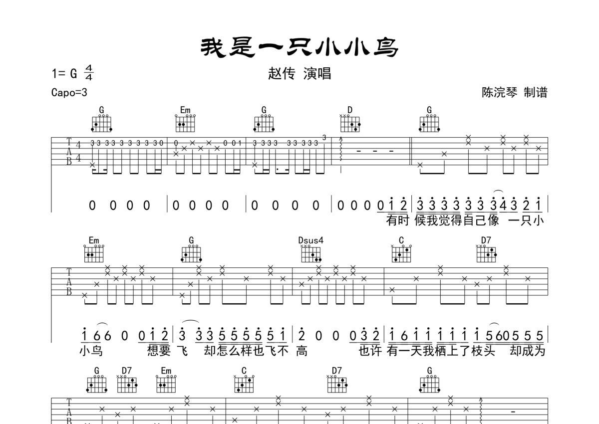 赵传《我是一只小小鸟》吉他谱 