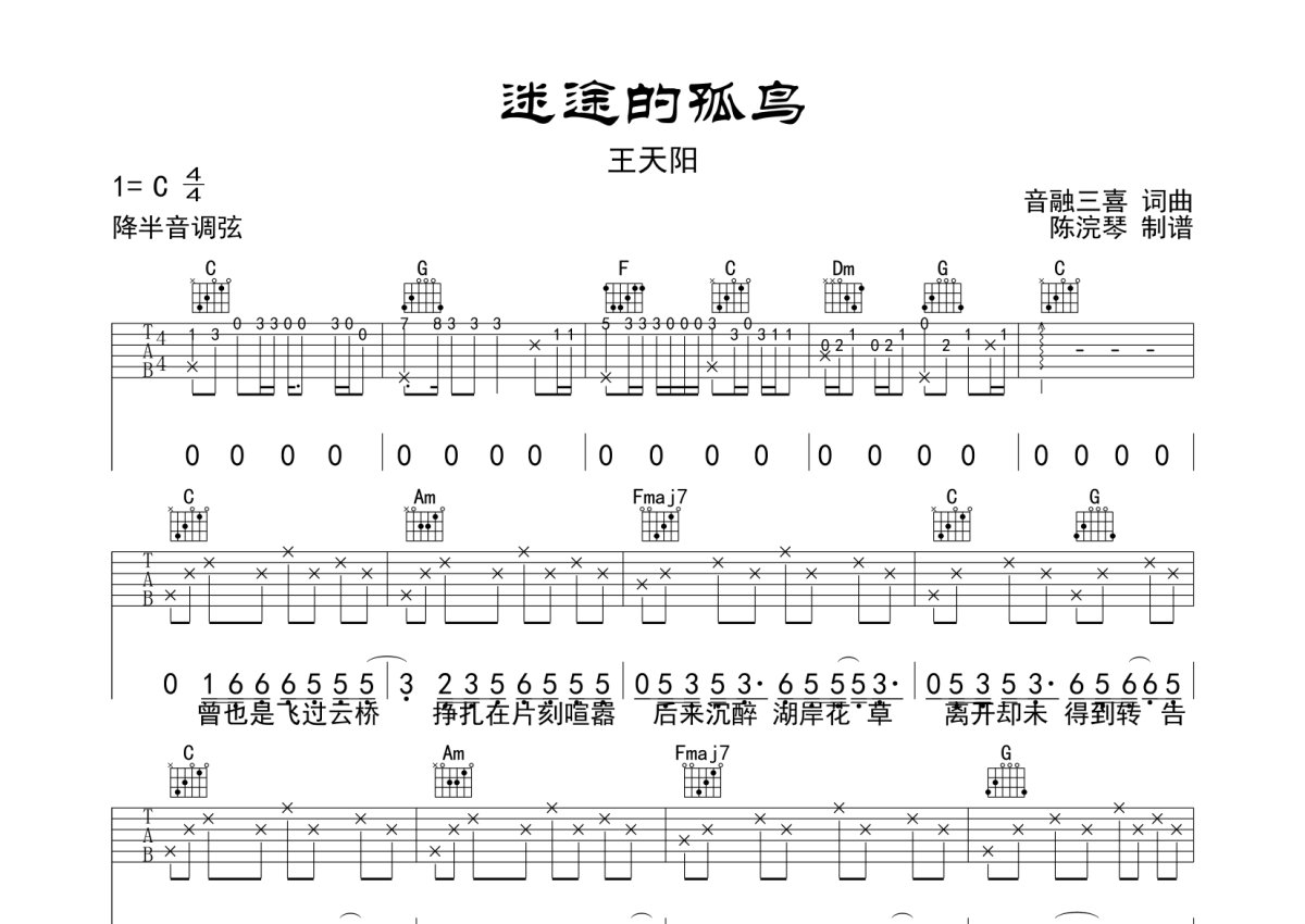 孤鸟的歌 （吉他六线谱）_音艺艺术个人制谱园地_中国曲谱网