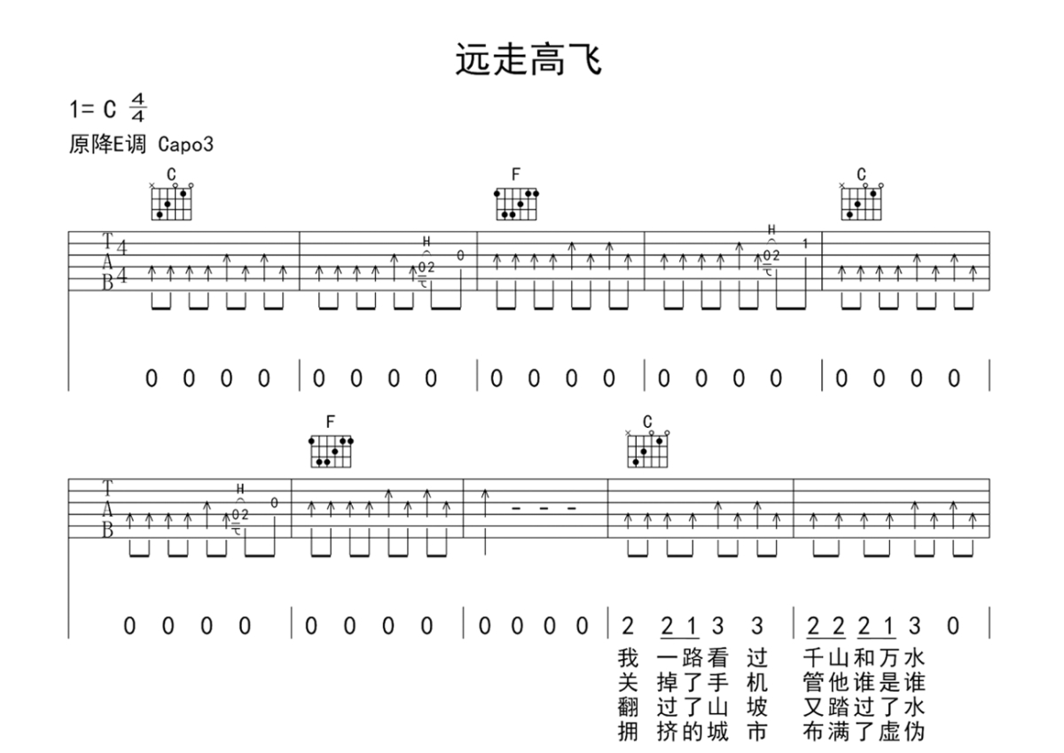 《远走高飞》吉他曲谱完整版C调指法编配 - 原调C调 - 变调夹Capo=0 - 初级六线谱 - 易谱库