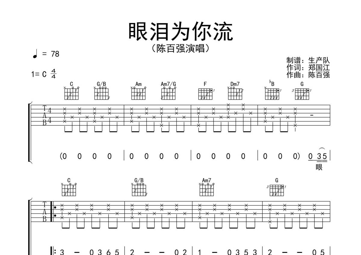 陈百强《眼泪为你流》吉他谱 - C调弹唱六线谱第1张