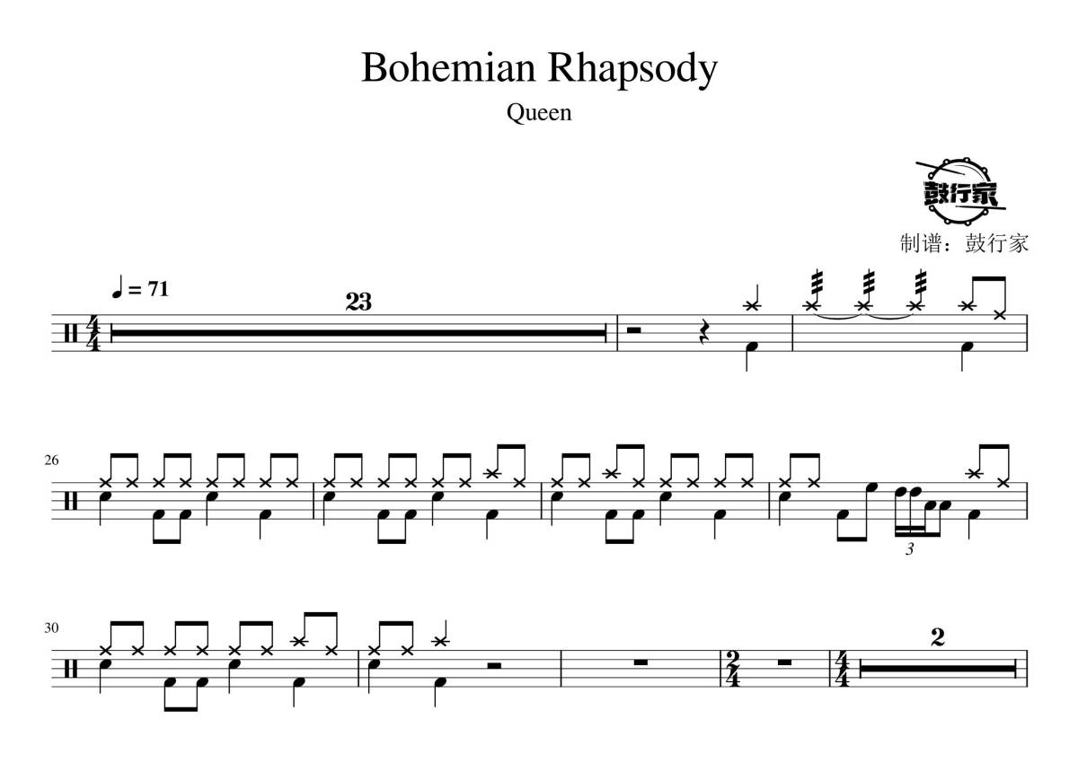 Queen《Bohemian Rhapsody》鼓谱 - 架子鼓谱第1张