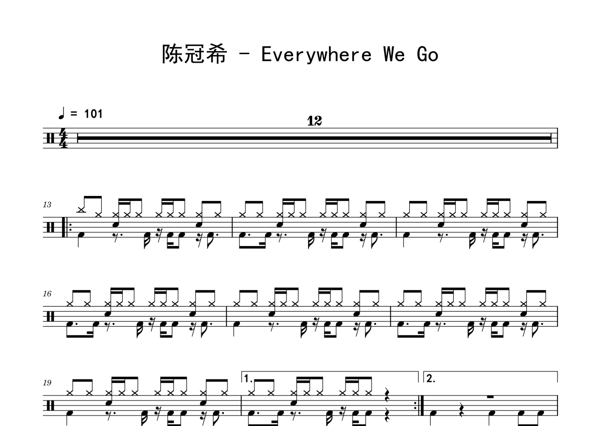 陈冠希《Everywhere We Go》架子鼓谱第1张